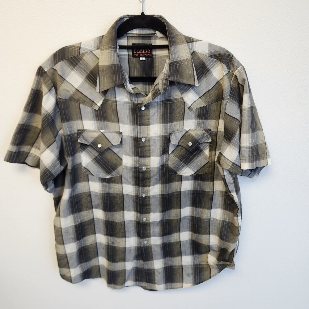 Plains Western Wear Pearl Snap Shirt Mens Large Brown Black Plaid Short Sleeve